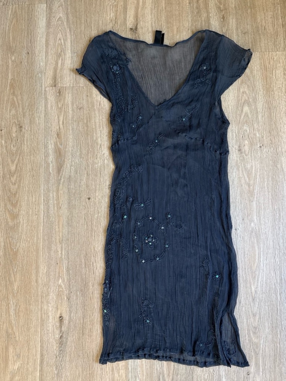 Mango MNG Dark Grat Beaded V-Neck Sheer Dress 8 (XS/S)